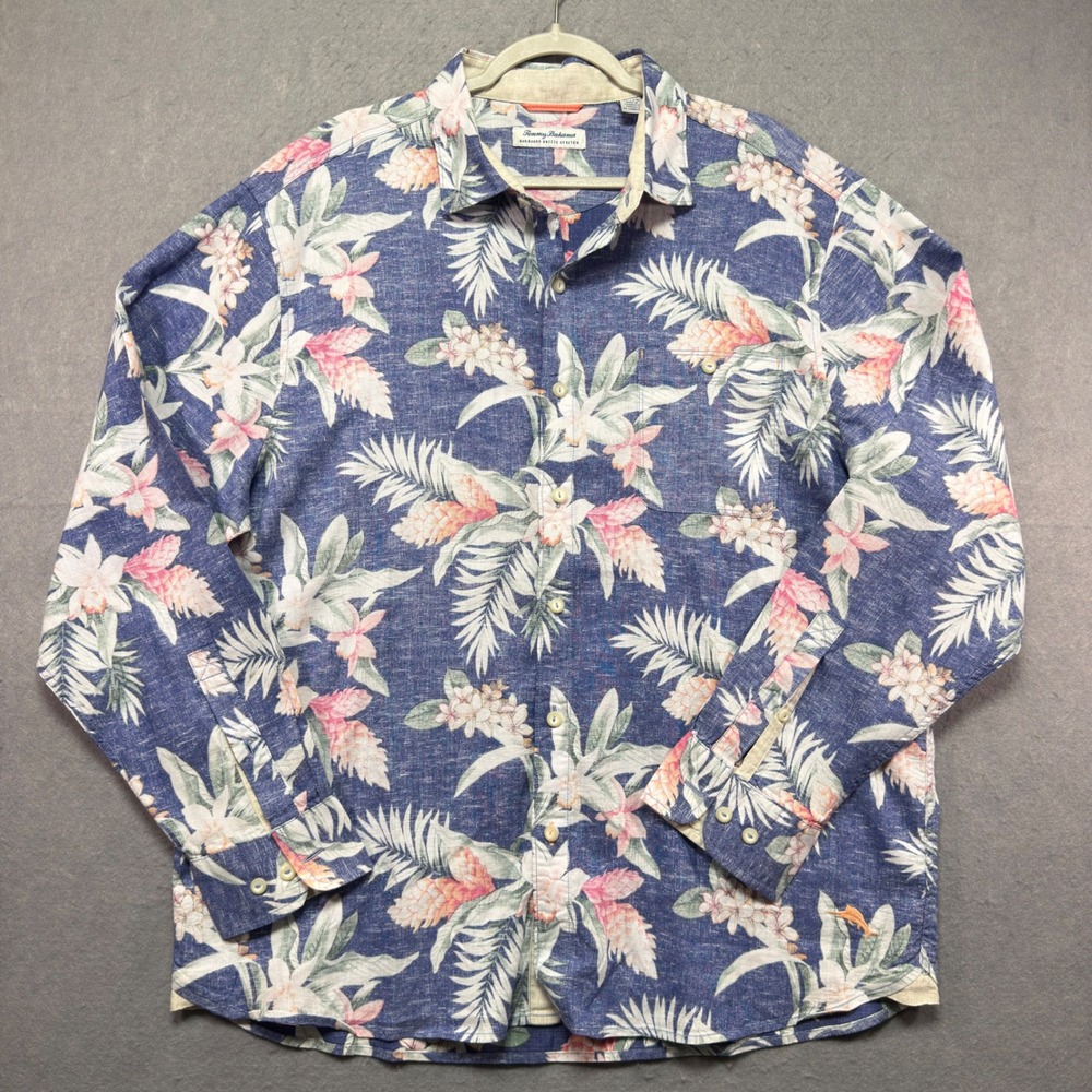 Tommy Bahama Barbados Breeze Stretch Mens XL Blue Floral Linen Blend Shirt LS